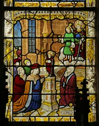 Fenster mit Darstellung des Jungen mit dem goldenen Becher und der Statue des Heiligen Nikolaus, ca. 1495